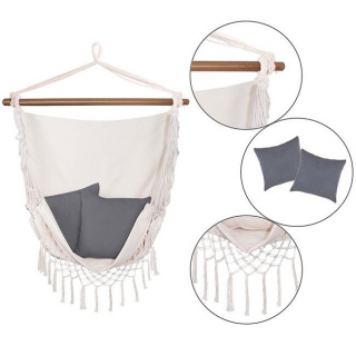 Houpací síť béžová polštáře sive 130x100cm impregnovaný rám