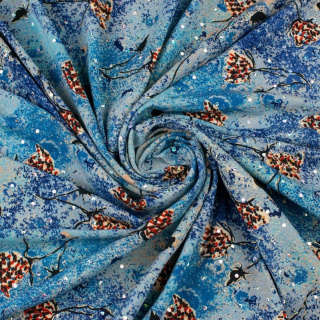 Látka Jersey ITY modrá květiny flitry pletenina 0,5m