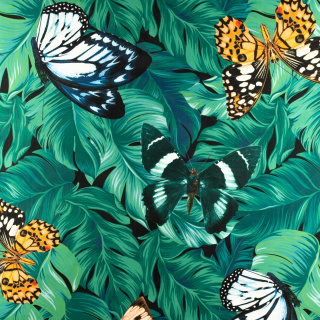 Látka Jersey ITY Kimo listy motýli vzor pletenina 0,5m