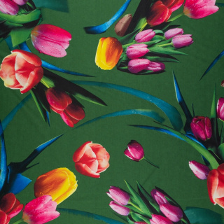 Látka Jersey ITY zelená hladká tulipány pletenina 0,5m
