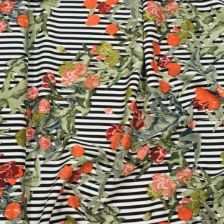 Látka viskóza 100% červené květy pruhy pozadí vzor 0,5m