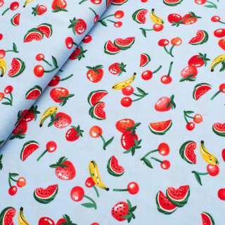 Látka viskózová světle modrá ovoce vzor 100% viskóza 0,5m