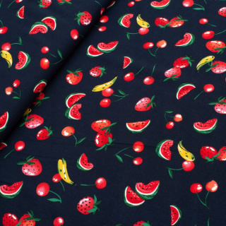Látka viskózová námořnická modrá ovoce vzor 100% viskóza 0,5m