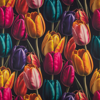 Látka viskóza twill černá hladká tulipány vzor 0,5m