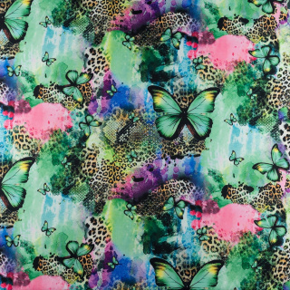 Látka viskóza twill zelená hladká motýli vzor 0,5m