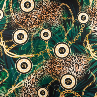 Látka viskóza twill zelená hladká leopard vzor 0,5m