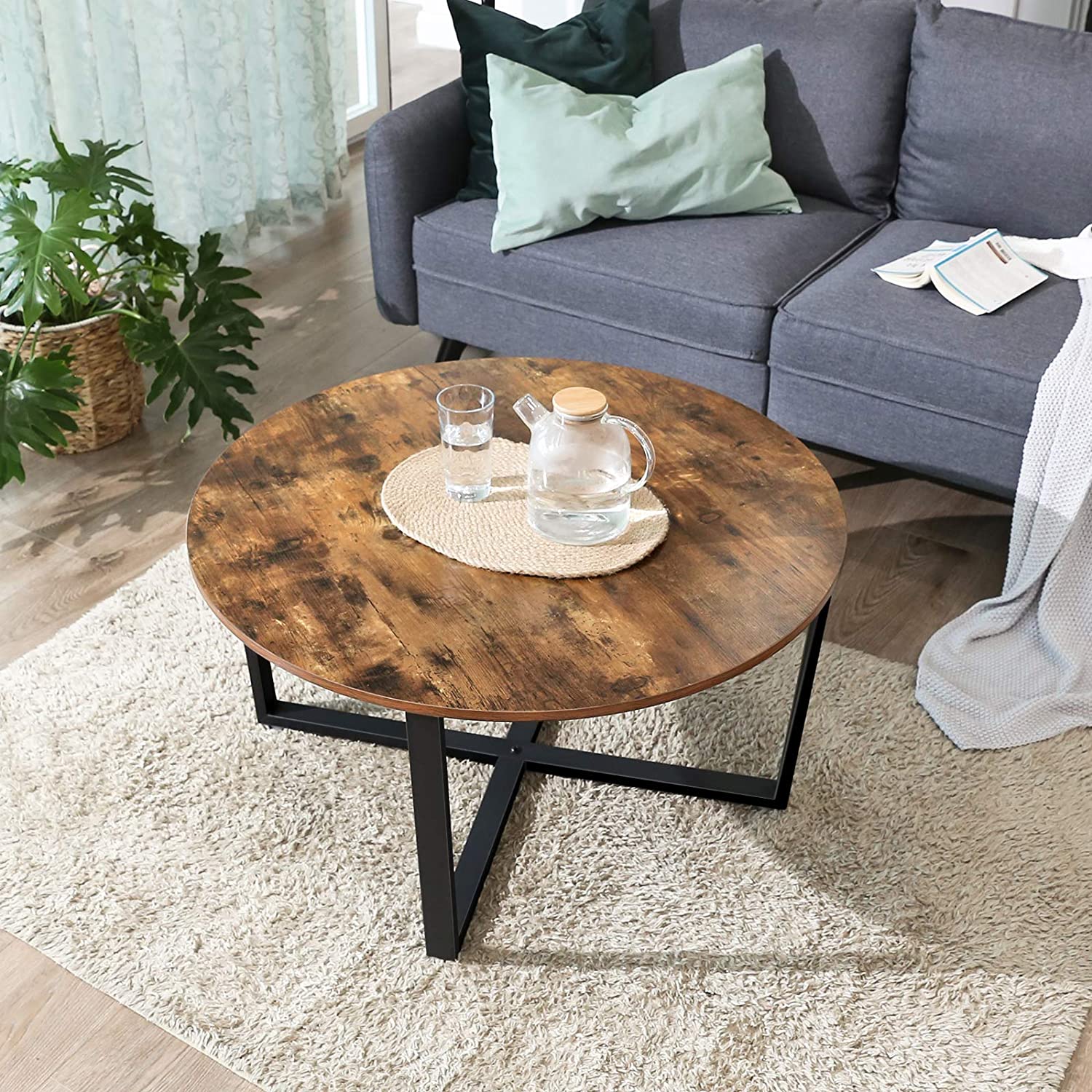 okrúhly konferenčný stolík 88x47cm rustikálna hnedá drevo kov megamix.shop