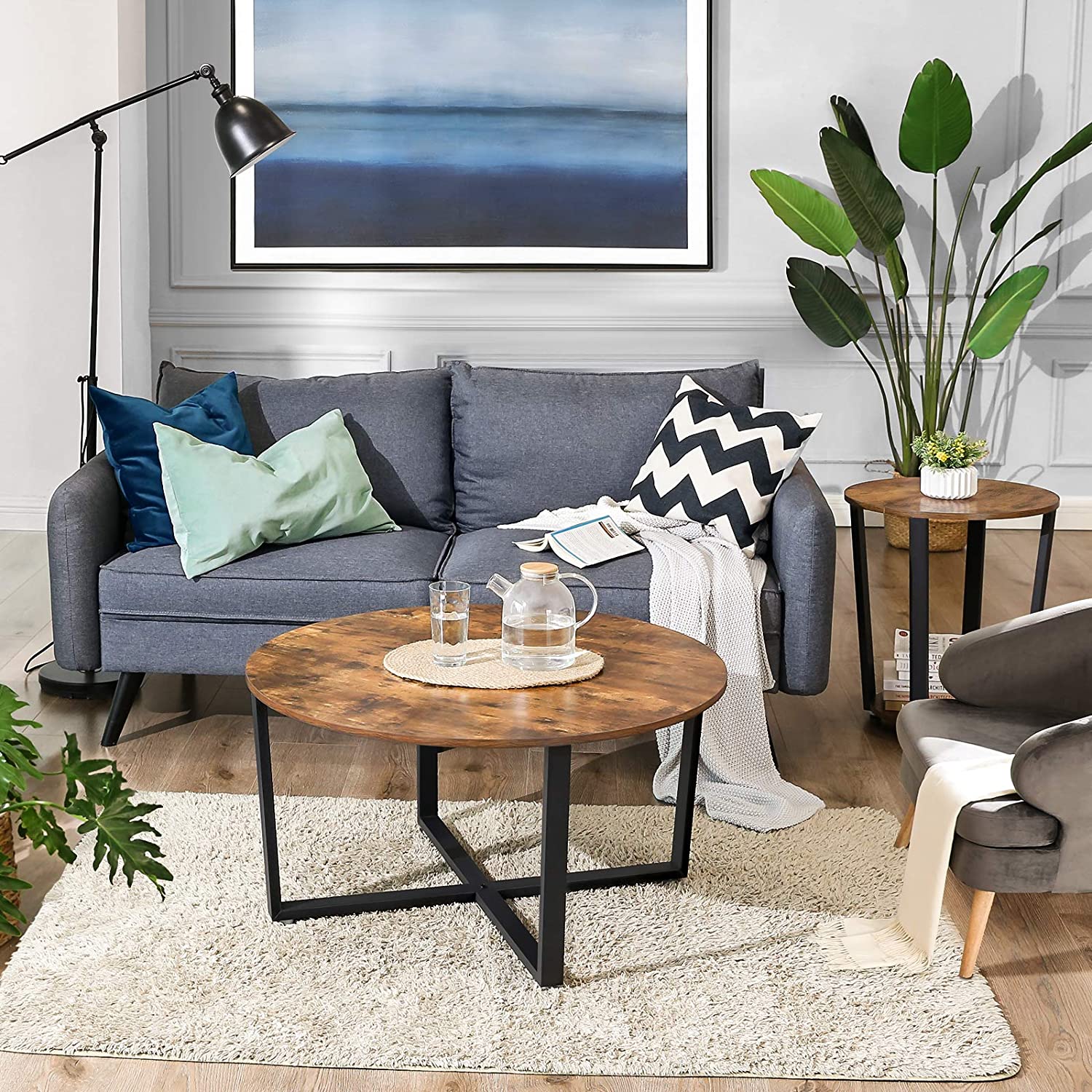 okrúhly konferenčný stolík 88x47cm rustikálna hnedá drevo kov megamix.shop