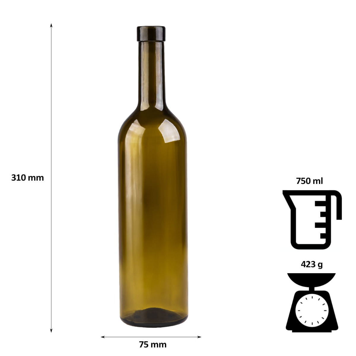 Skleněná láhev na víno 750ml 29cm olivová megamix.shop