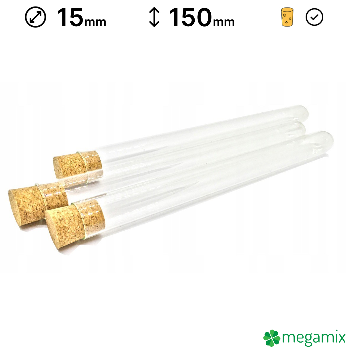 Skleněné zkumavky s korkem 150 mm průměr 15 mm 10 ks megamix.shop