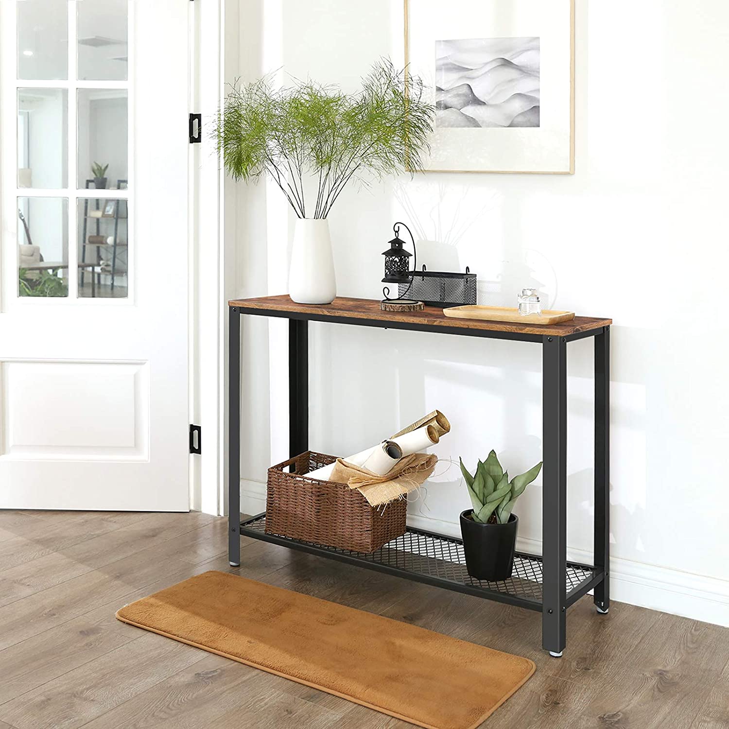stolík 101x35x80cm s policou hnedý drevo kov megamix.shop
