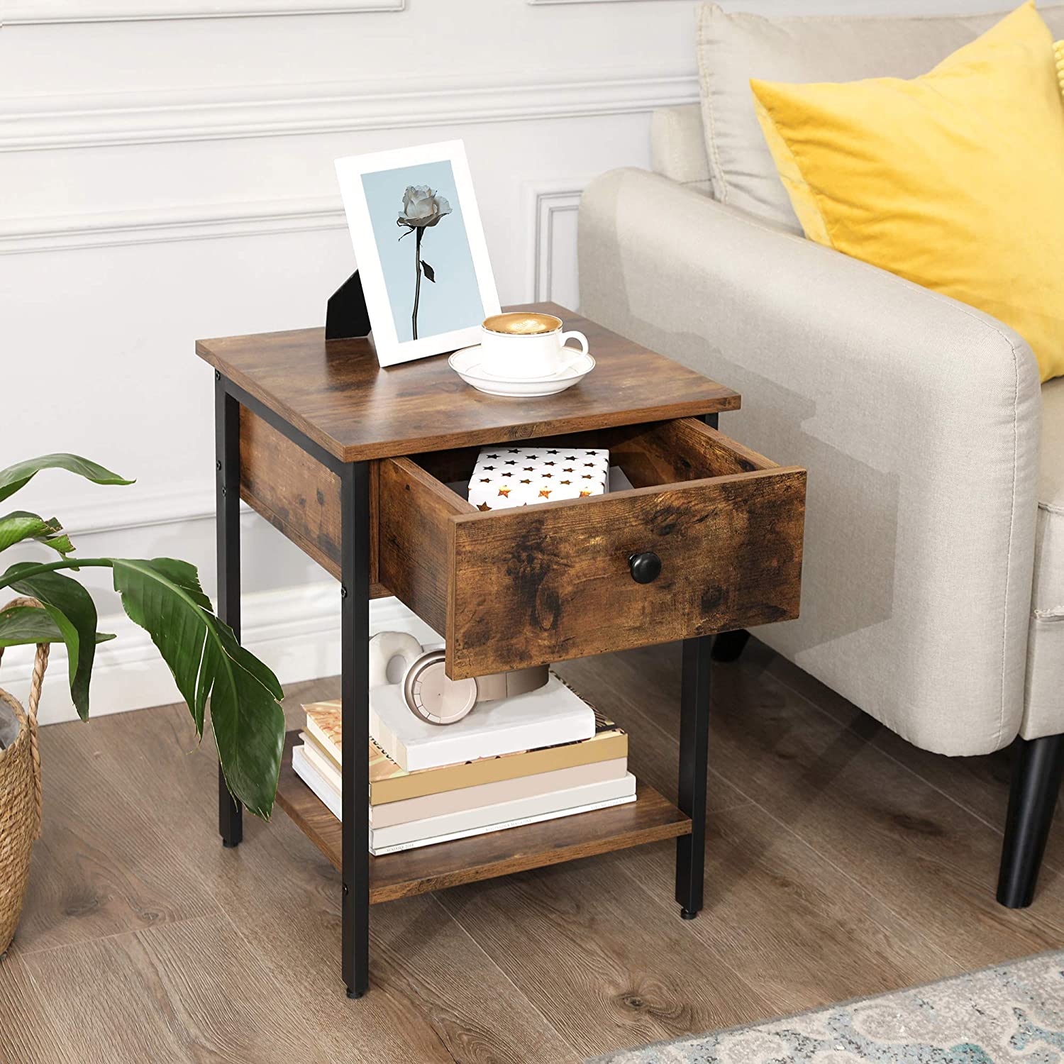 stolík s poličkou a šuflíkom 40x40x55cm hnedý drevo kov megamix.shop