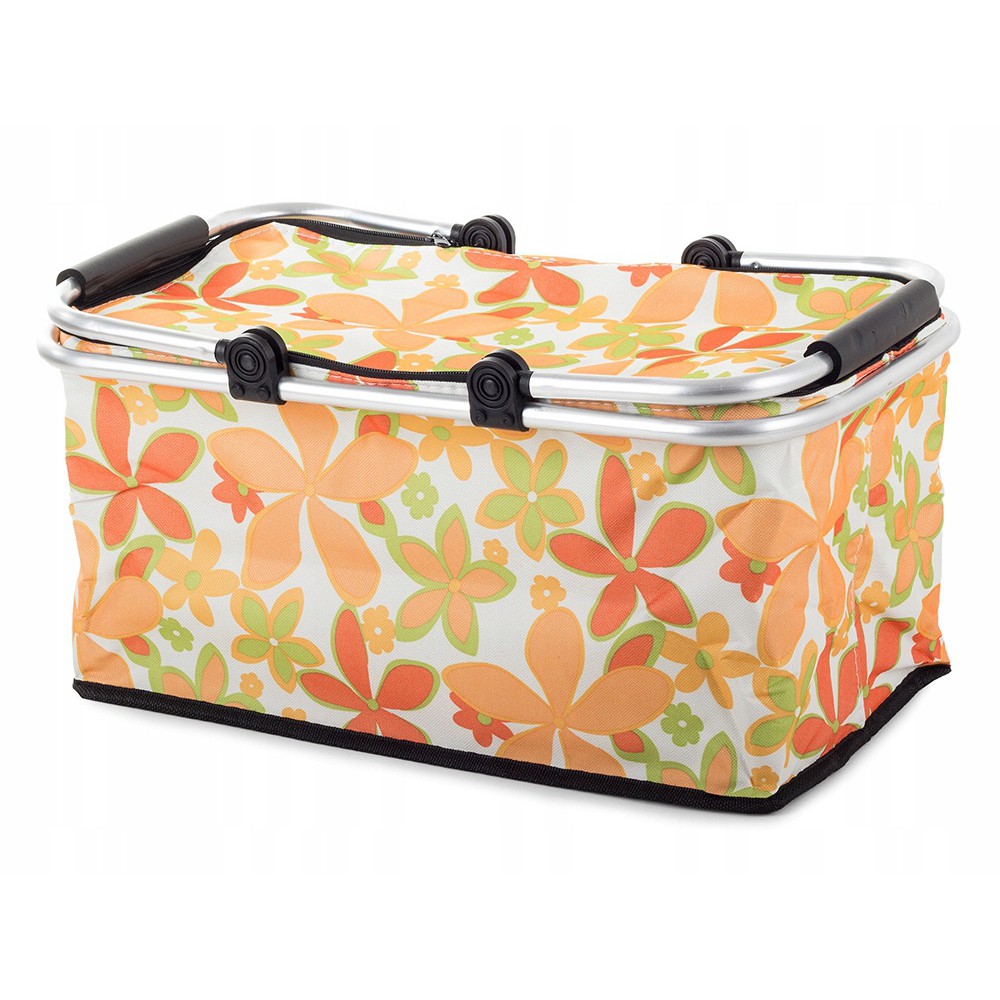 Skládací piknikový koš termální taška 48x28 cm bílá s květinami megamix.shop