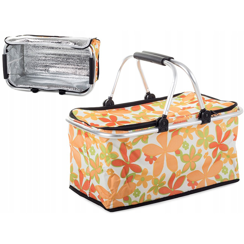 Skládací piknikový koš termální taška 48x28 cm bílá s květinami megamix.shop