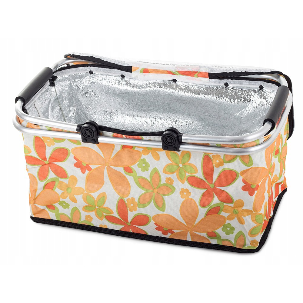 Skládací piknikový koš termální taška 48x28 cm bílá s květinami megamix.shop