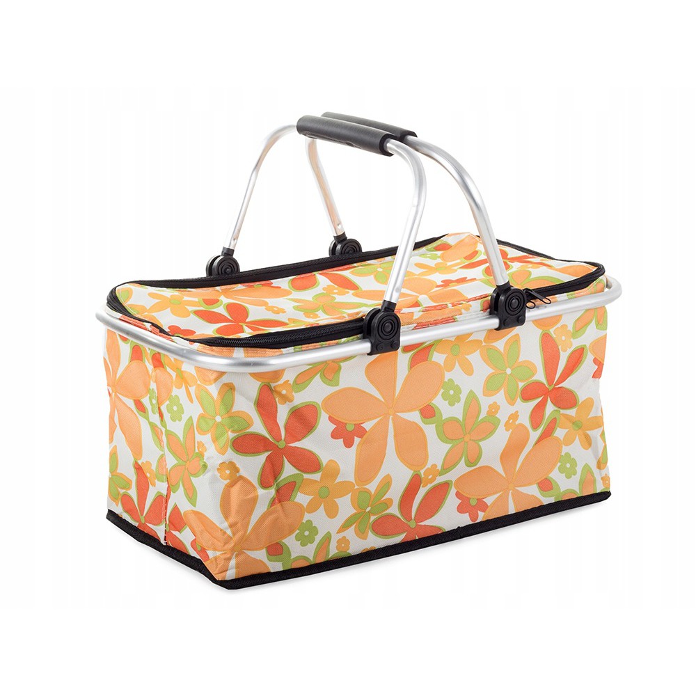 Skládací piknikový koš termální taška 48x28 cm bílá s květinami megamix.shop