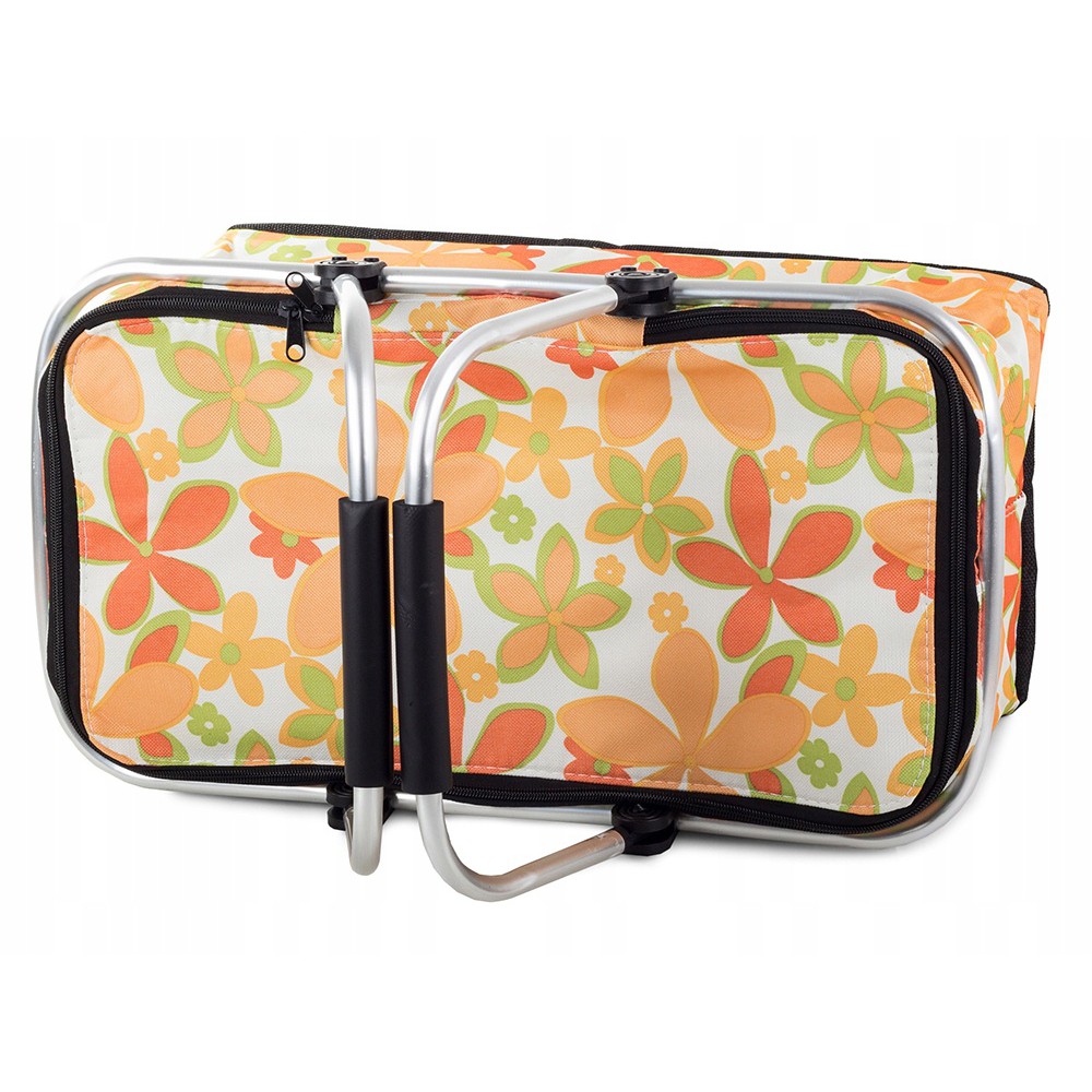 Skládací piknikový koš termální taška 48x28 cm bílá s květinami megamix.shop
