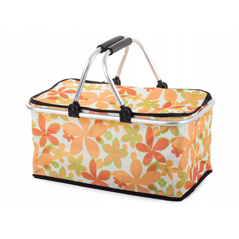 Skládací piknikový koš termální taška 48x28 cm bílá s květinami megamix.shop