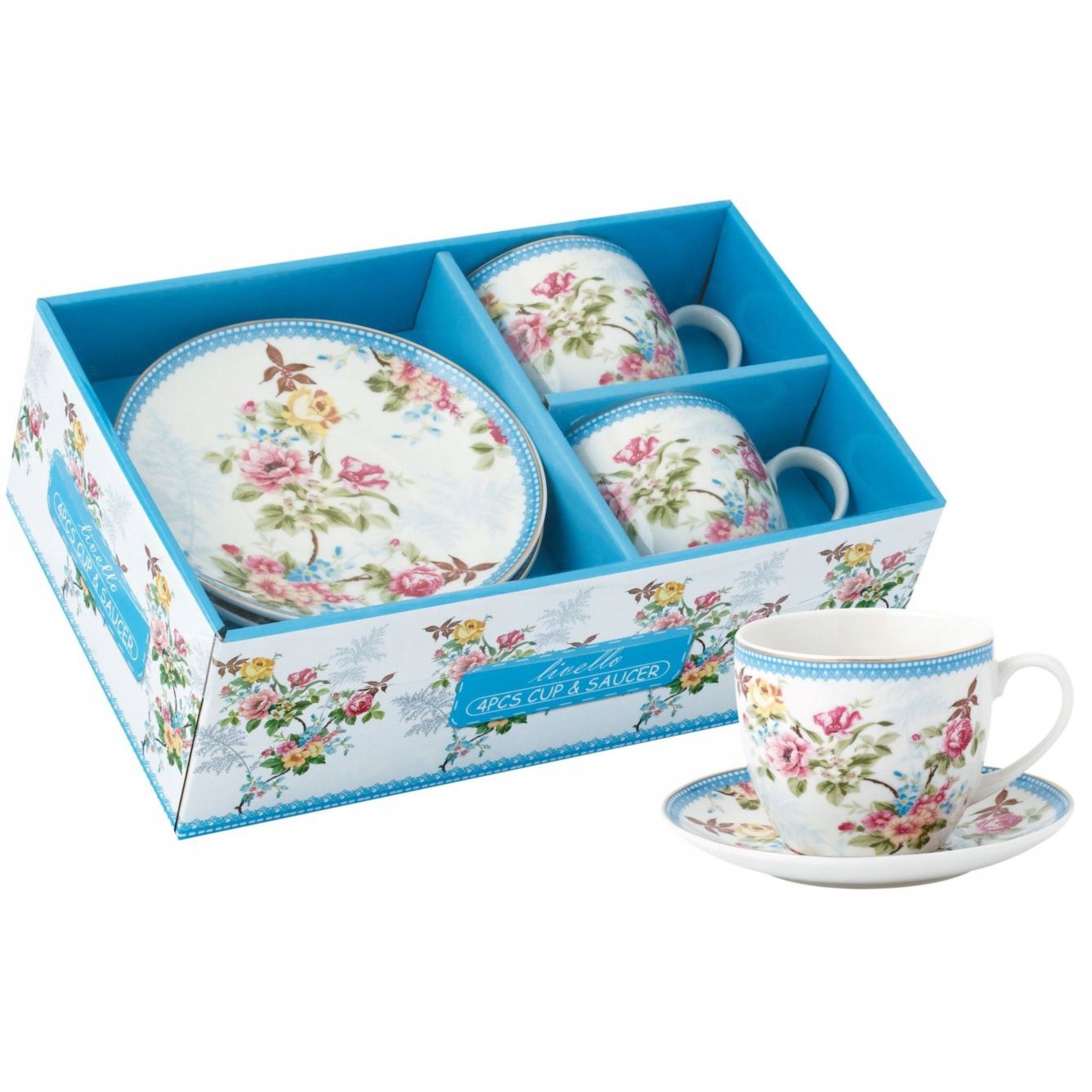 šálky na kávu čaj s talířky 2ks 250ml kvety záhrada megamix.shop